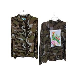 3872) April Sky Camo Cactus Embroidery Button Down Long Sleeve Rayon Top Size 1X